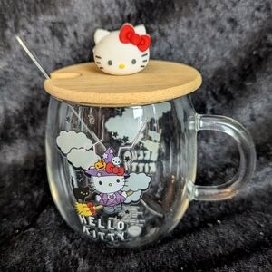 Halloween Witch Hello Kitty Glass Mug W/ Spoon & Bamboo Lid